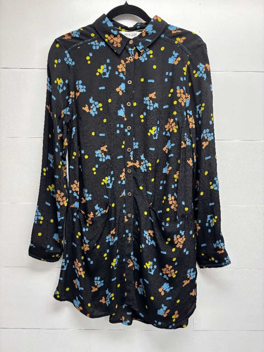 White Stuff NWT Danika shirt tunic semi sheer black with colourful pattern